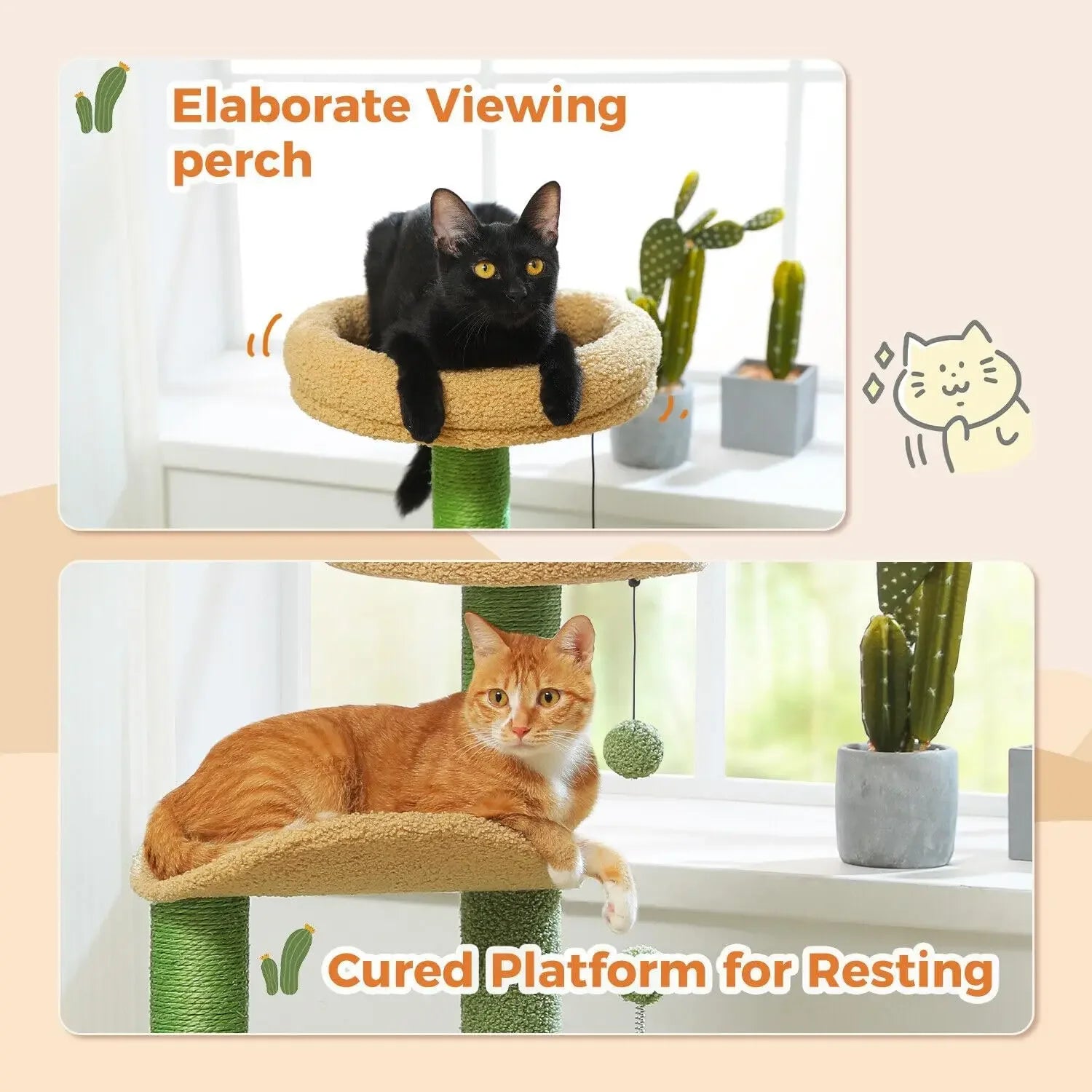 Cactus Cat Tree – 32" Small Cat Tower with Scratching Post and Curved Perch for Indoor Cats