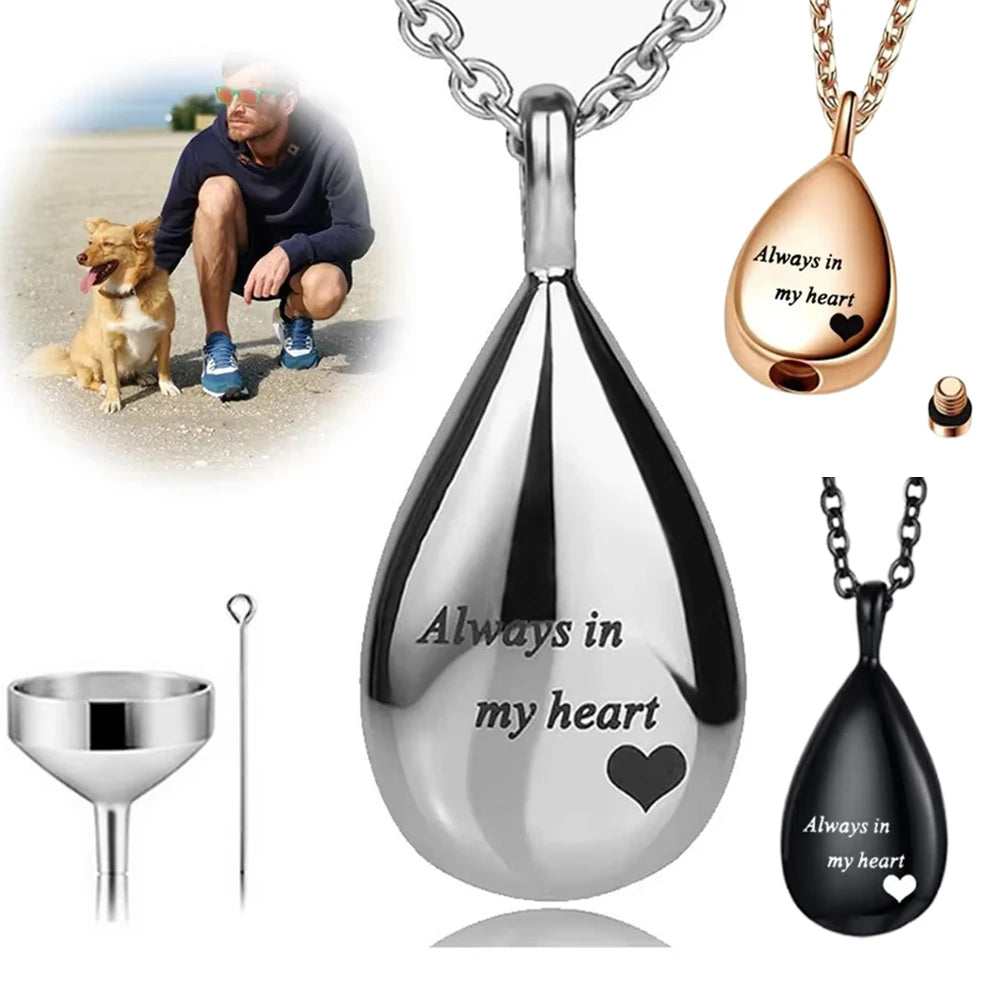 Teardrop Pet Urn Pendant – Stainless Steel Keepsake Necklace for Dog & Cat Memorial