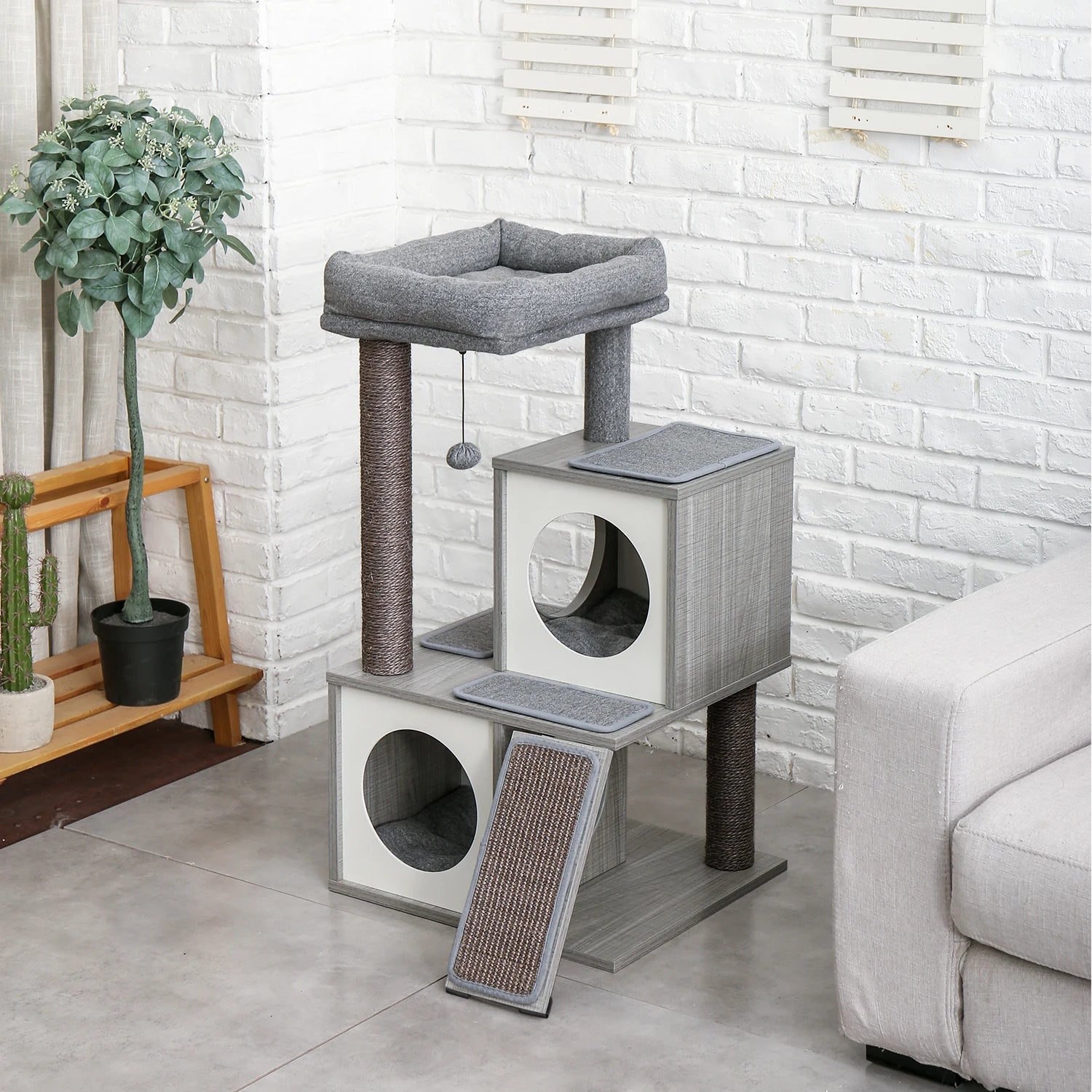 Wooden Cat Tower – Double Condos with Scratching Posts & Perches