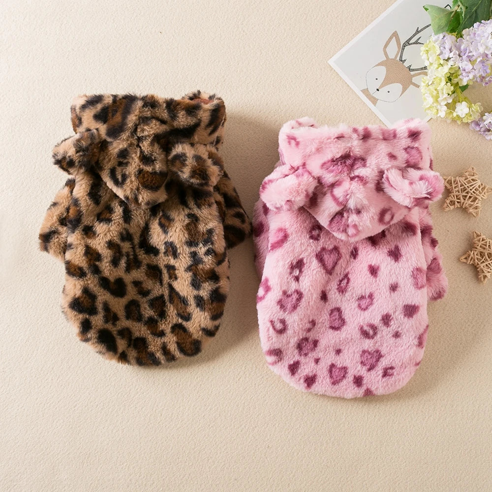 Leopard Fleece Dog Hoodie – Warm Winter Coat for Small Dogs
