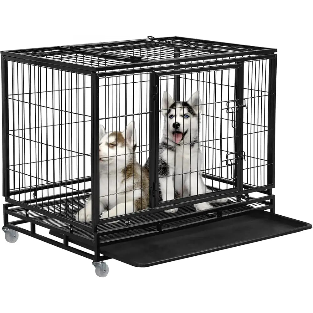 Heavy Duty Dog Crate Kennel – 36” Large Dog Cage with Double Doors & Removable Plastic Tray | Indoor & Outdoor Pet Playpen