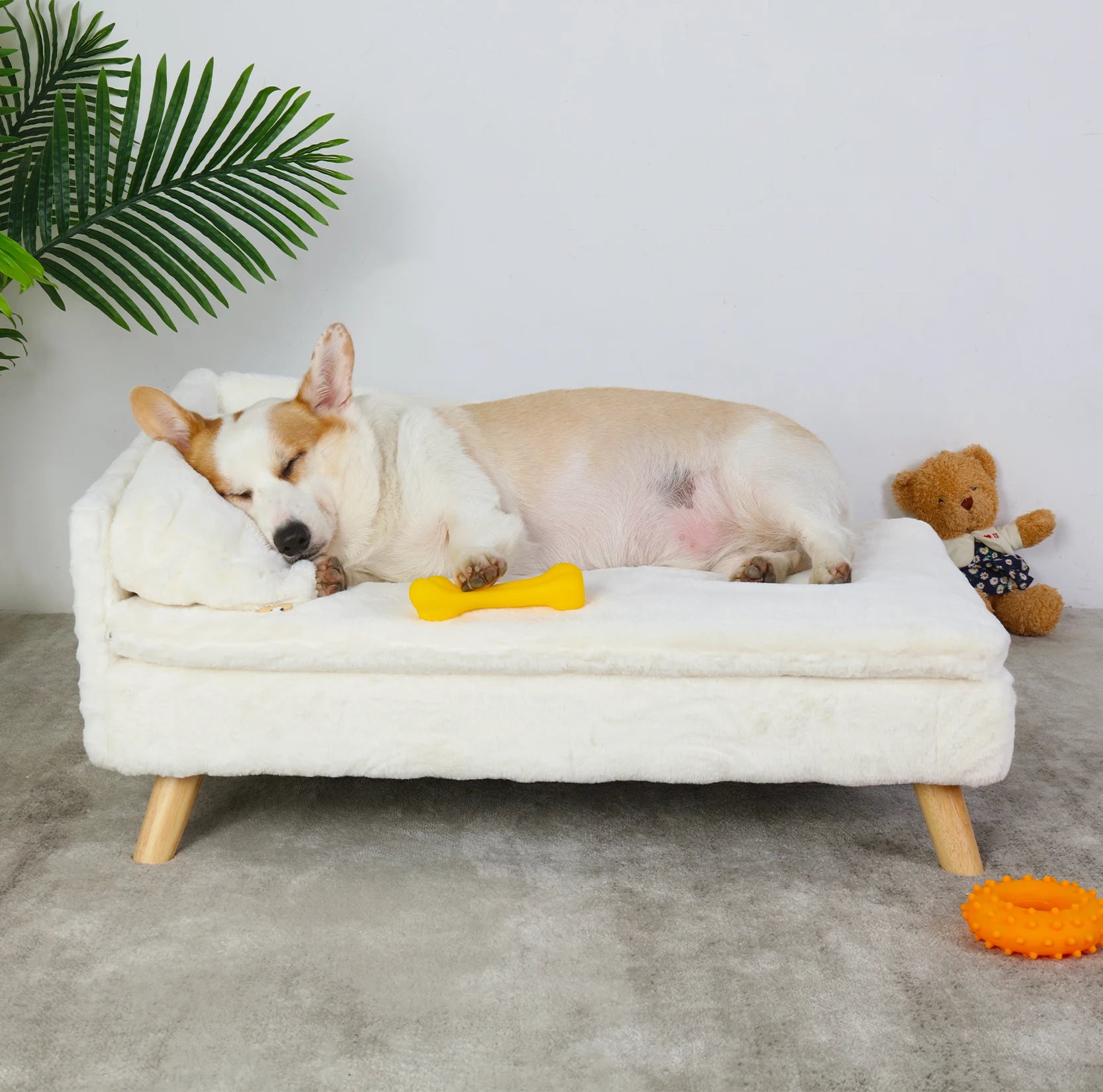 Nordic Elevated Pet Bed – Wooden Leg Pet Sofa with Waterproof Cozy Pad