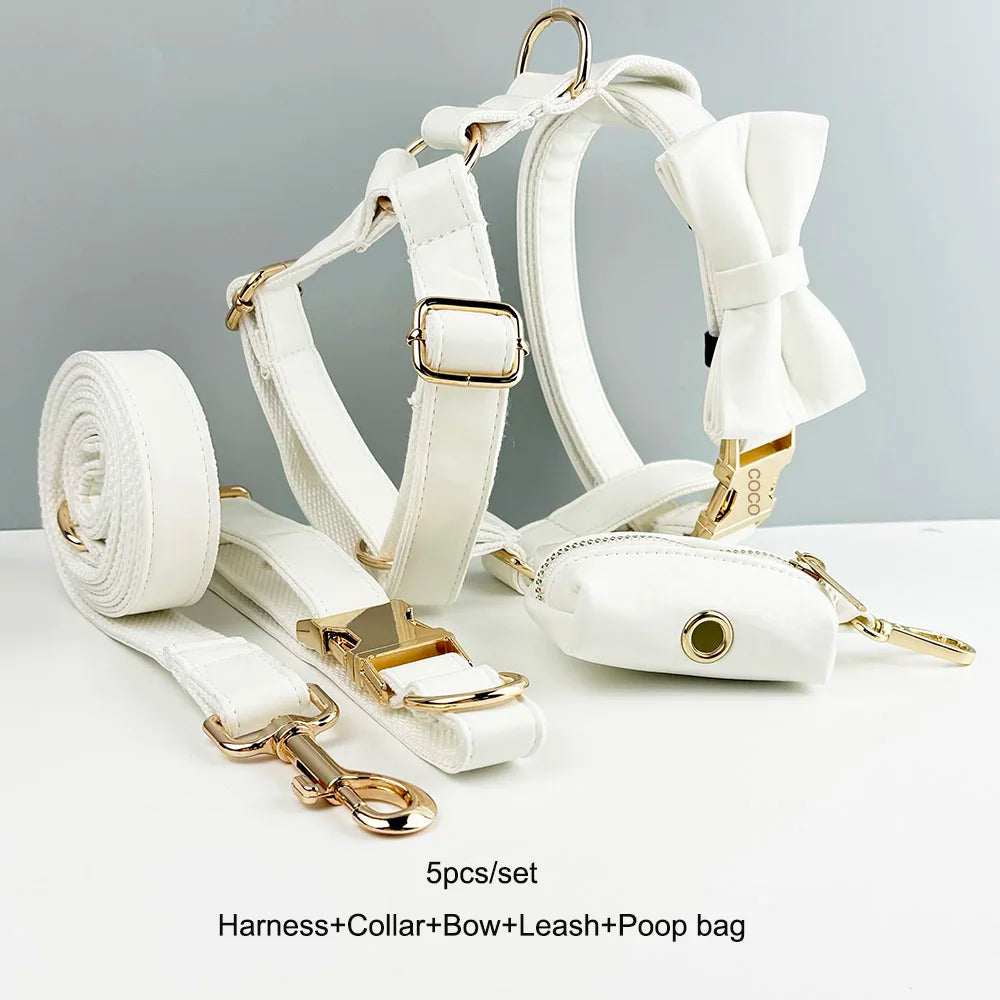 White Leather Dog Collar & Leash Set – Custom Engraved Nameplate