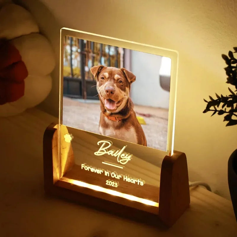 Custom Pet Photo LED Night Light – Acrylic & Wooden Stand