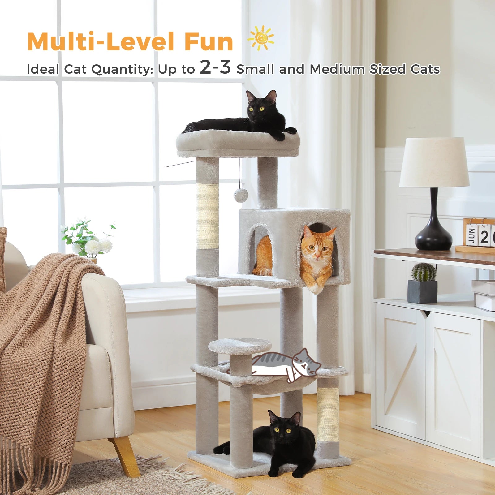 Multi-Level Cat Tree – Indoor Tower with Condo, Hammock & Scratching Posts