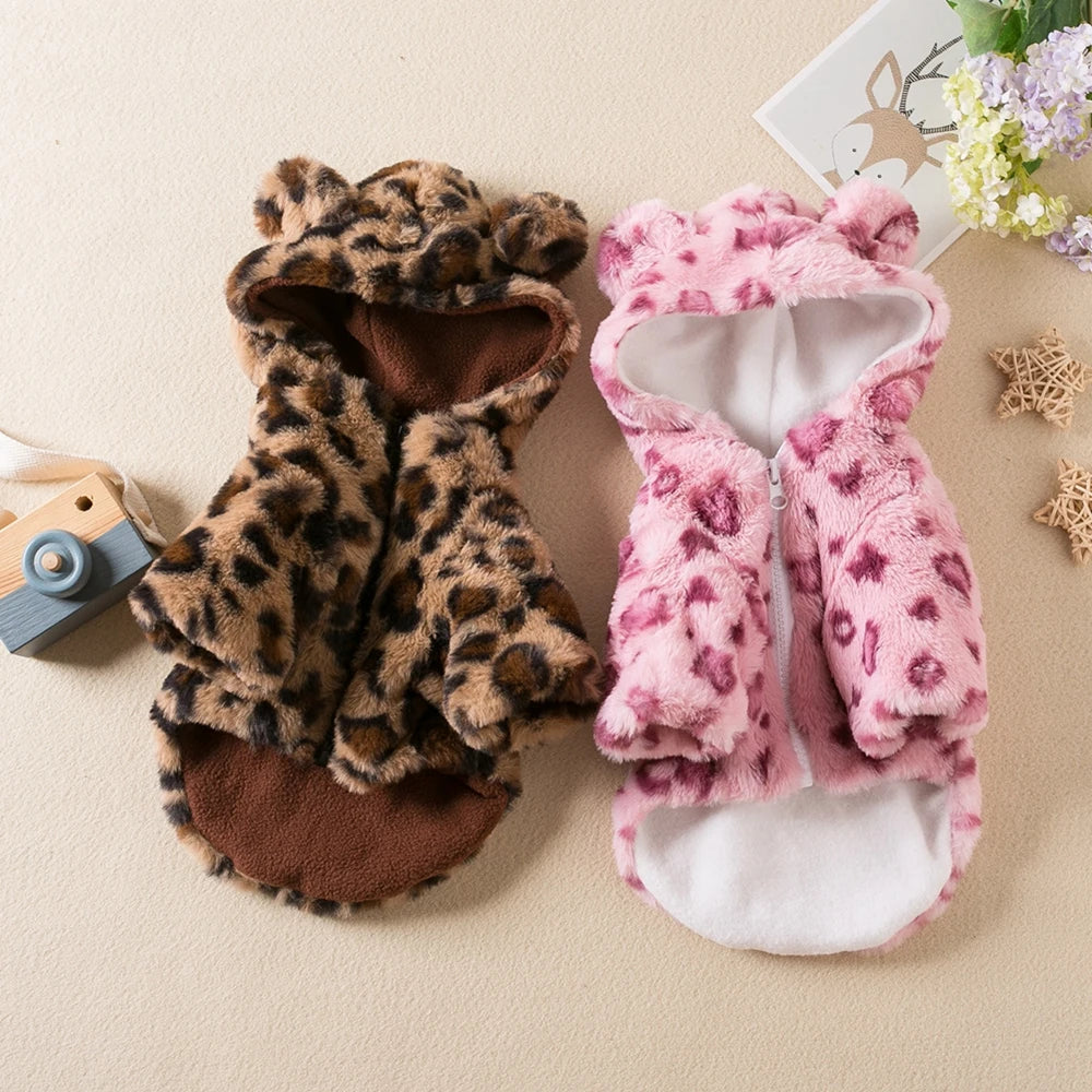 Leopard Fleece Dog Hoodie – Warm Winter Coat for Small Dogs