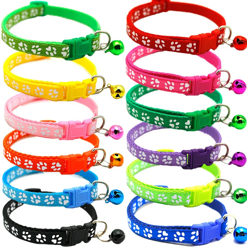 Adjustable Pet Collar with Bell – Colorful Cartoon Footprint Dog & Cat Collar for Puppies and Kittens