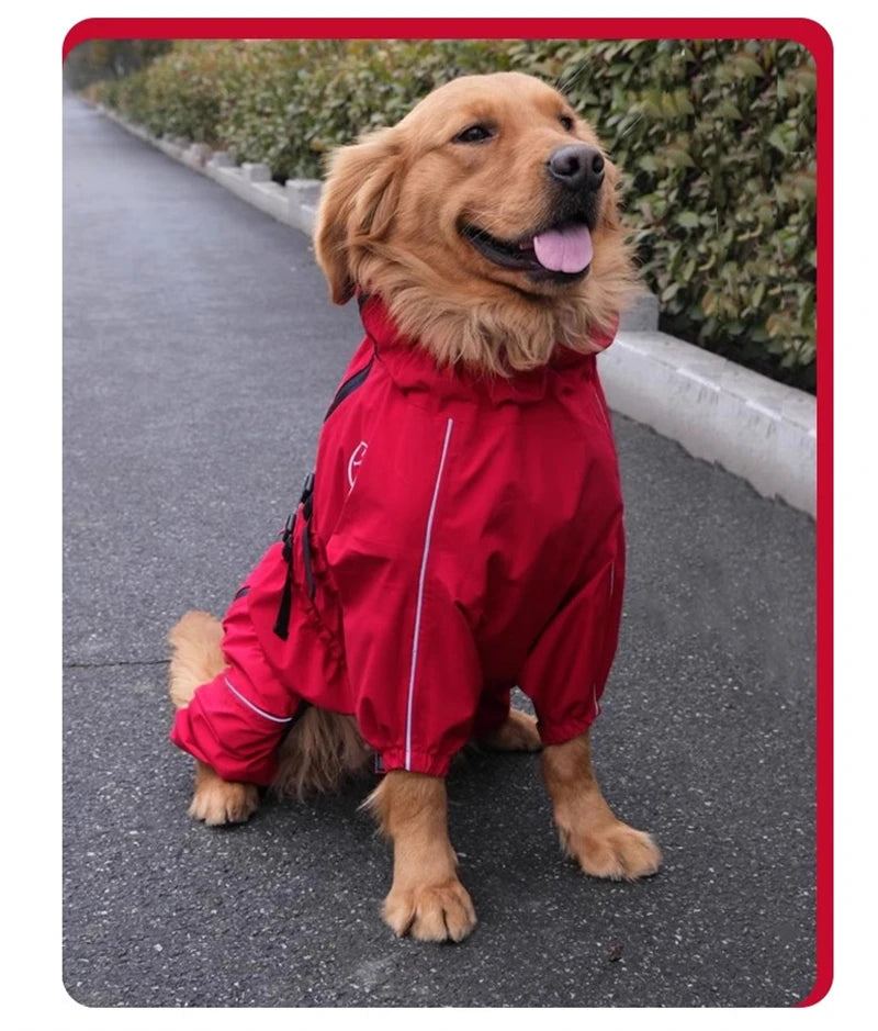 Waterproof Reflective Dog Raincoat – Red All-Weather Jacket for Large Dogs