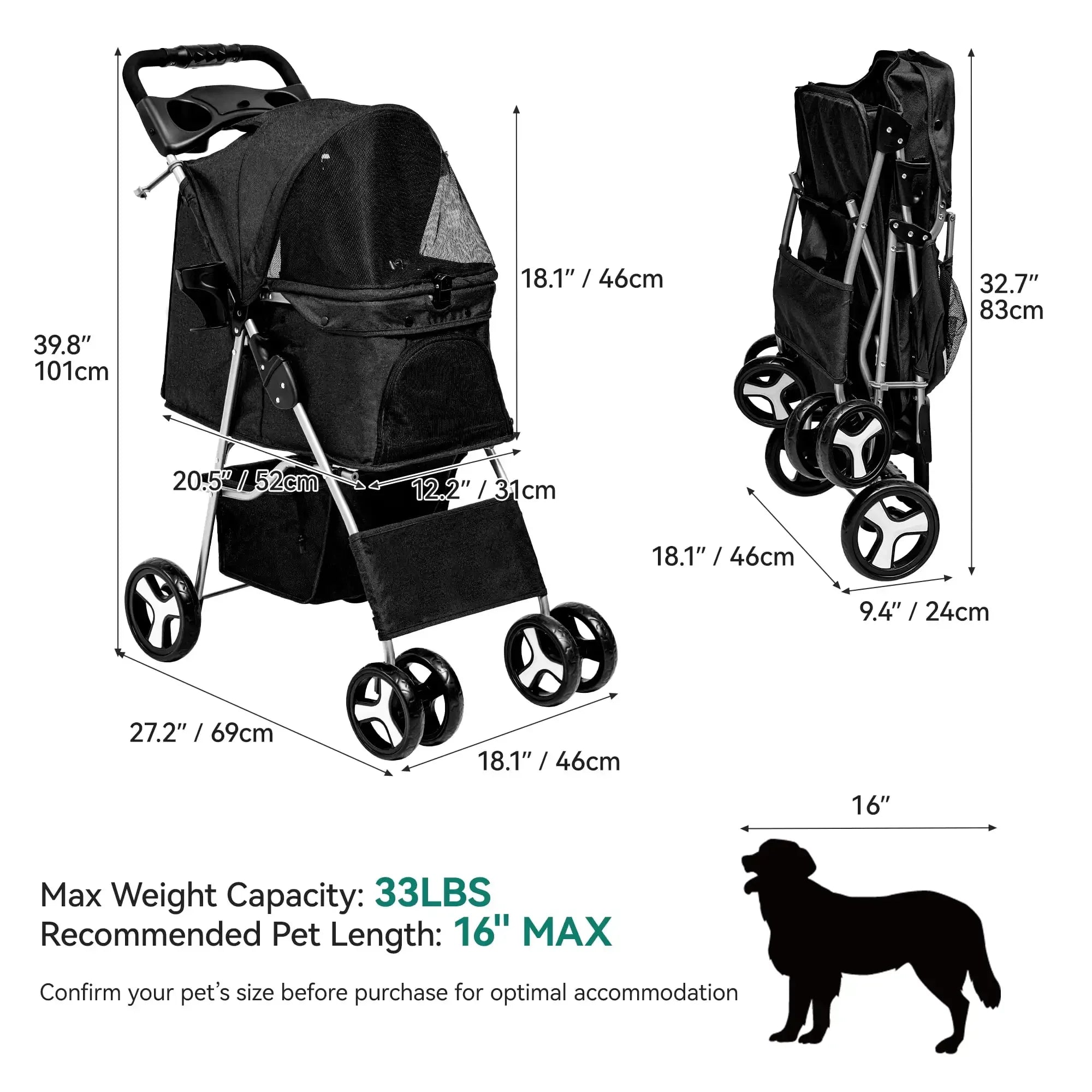Foldable Dog Stroller for Small & Medium Pets – 360° Swivel Wheels & Storage Basket