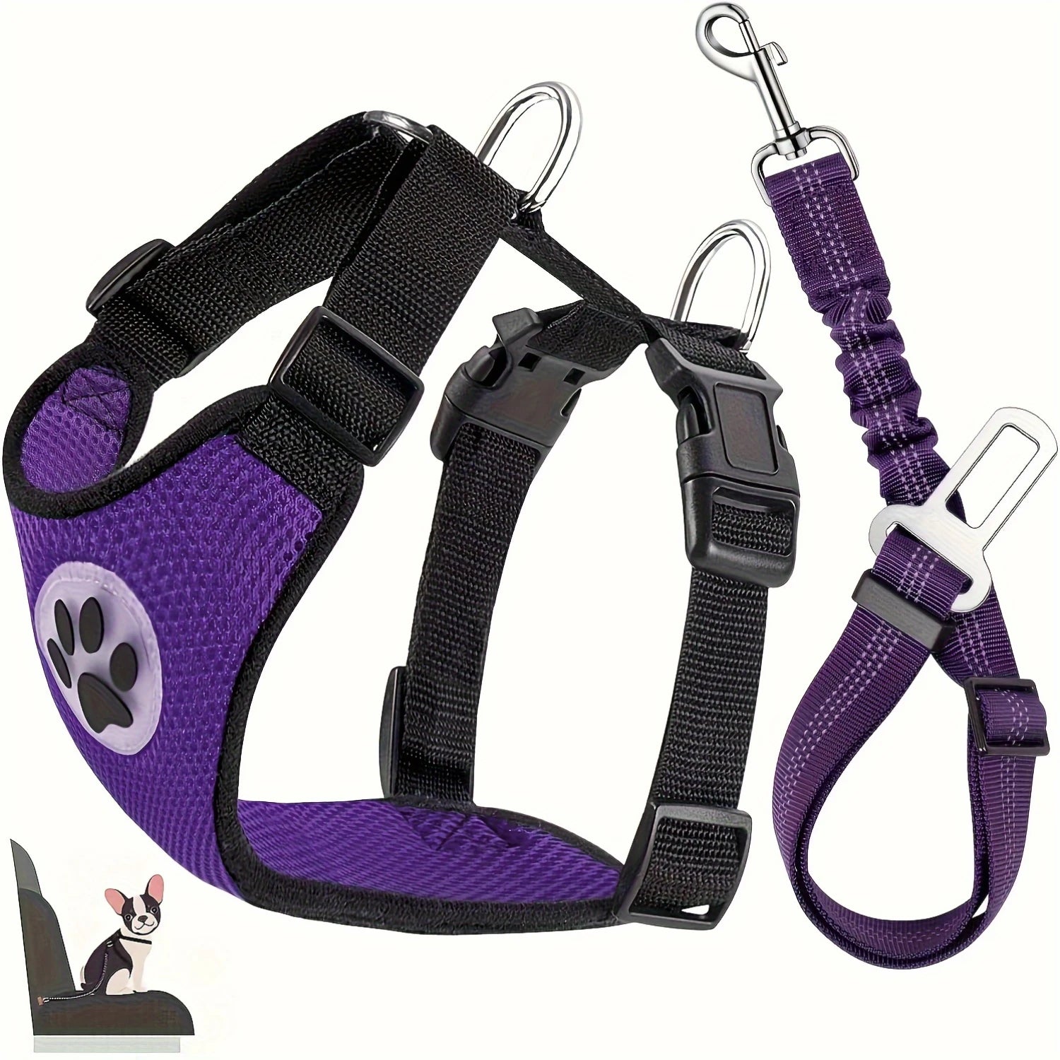 Dog Car Safety Harness Set – Adjustable Breathable Vest with Vehicle Seatbelt Connector for Travel Protection