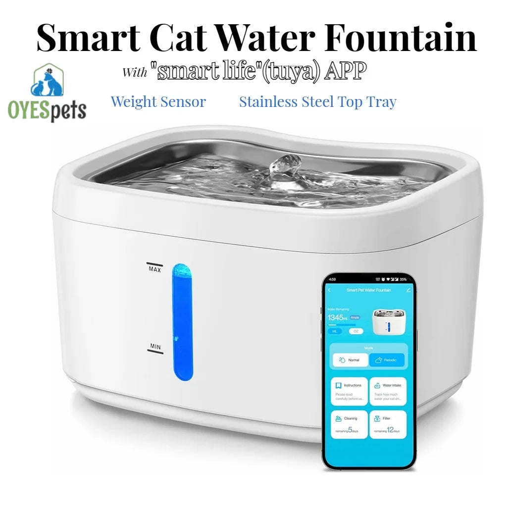Cat Water Fountain with APP Control – 2.5L / 84oz Automatic Wireless Pet Fountain with Stainless Steel Tray & Weight Sensor