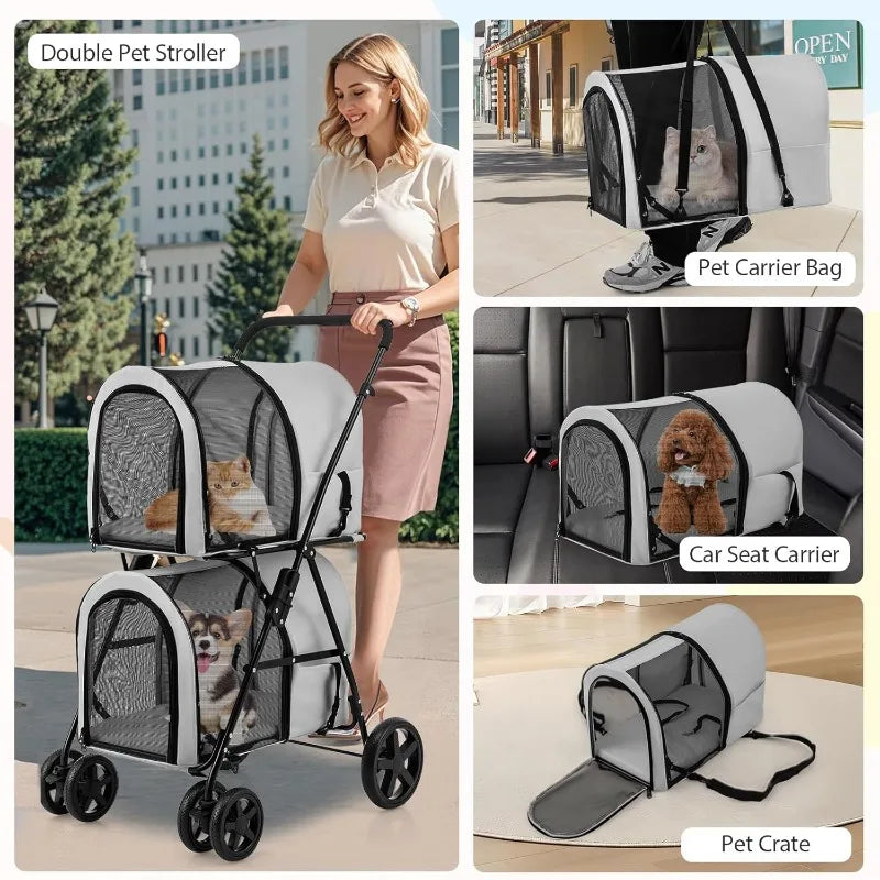 Giantex Double Pet Stroller with 2 Detachable Carrier Bags – Foldable Cat & Dog Stroller with Safety Belts & Lockable Wheels