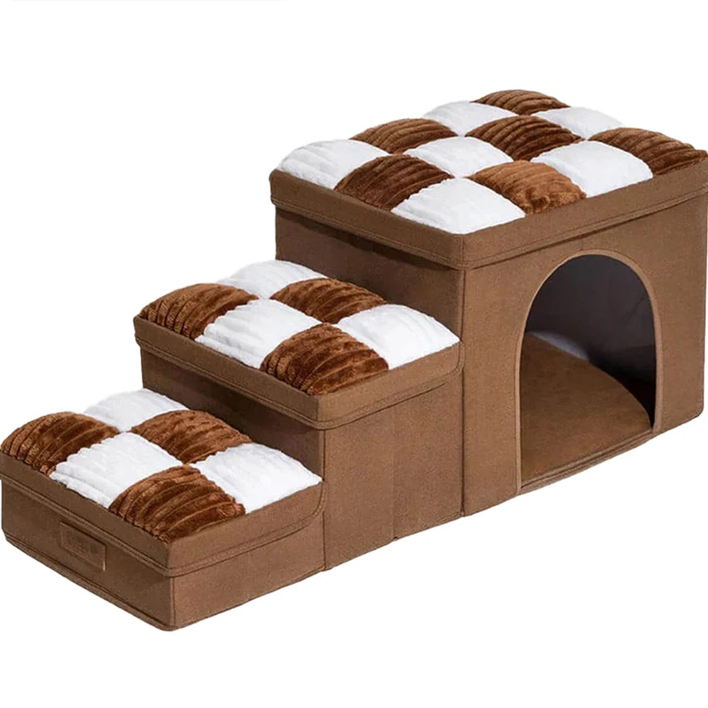 3-Step Folding Dog Stairs with Storage & Condo Bed – Handcrafted Design for High Beds & Sofas