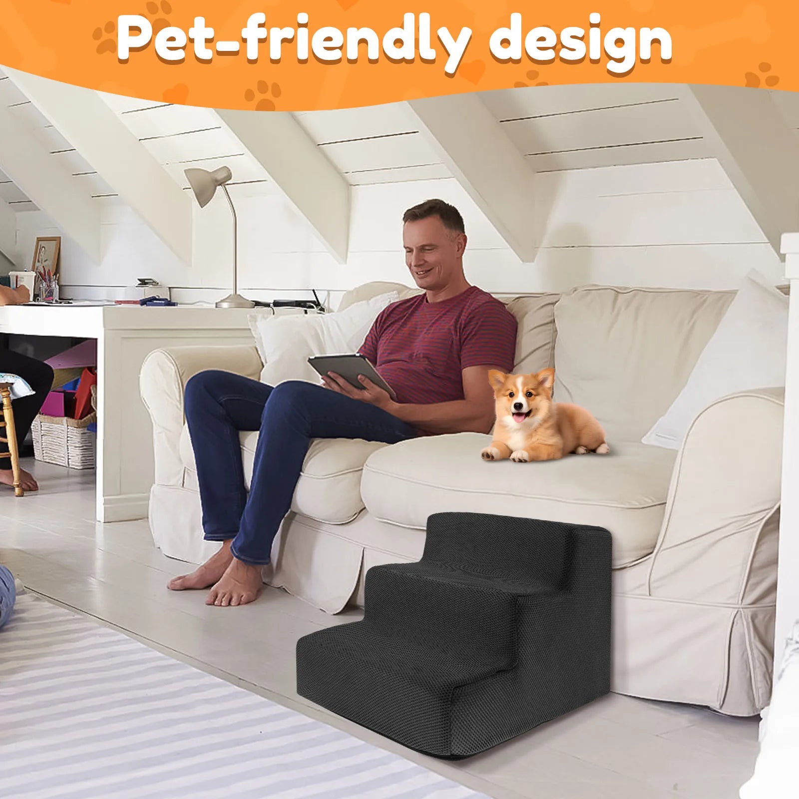 3-Step Soft Foam Pet Stairs – Washable, Non-Slip Ramp for Small Dogs & Cats