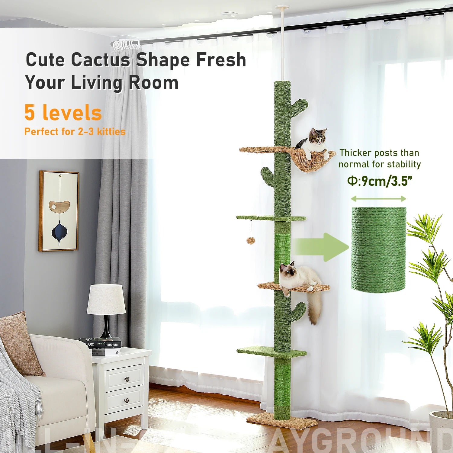 Cactus Cat Tree – 5-Tier Floor-to-Ceiling Tower with Hammock & Scratching Posts