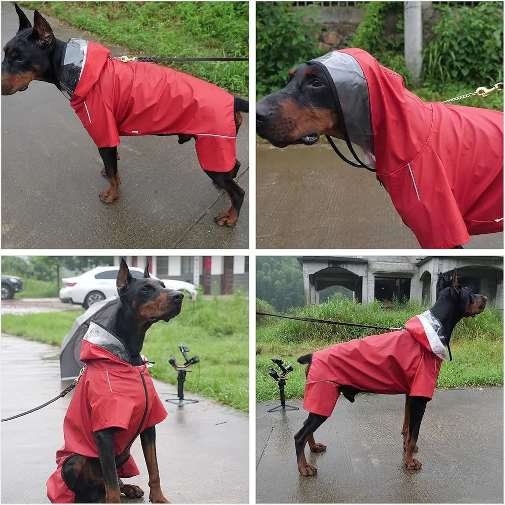 Four-Legged Waterproof Dog Raincoat with Transparent Hood – Reflective, Windproof Jacket for Medium and Large Dogs