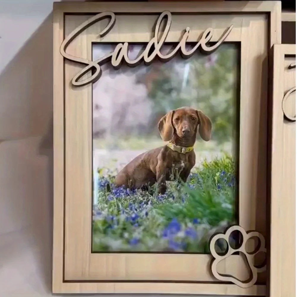 Personalized Wooden Dog Photo Frame – Custom Pet Memorial Gift with Name & Date