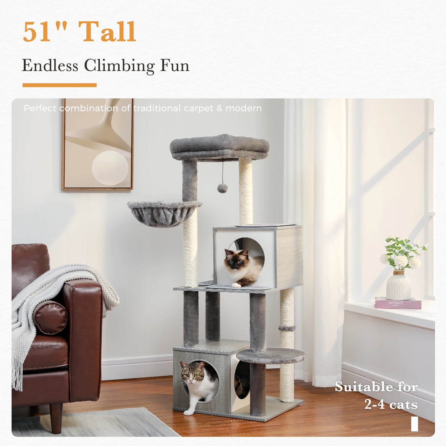 130cm Cat Tree Tower – Wooden Indoor Cat Condo with Hammock & Perches