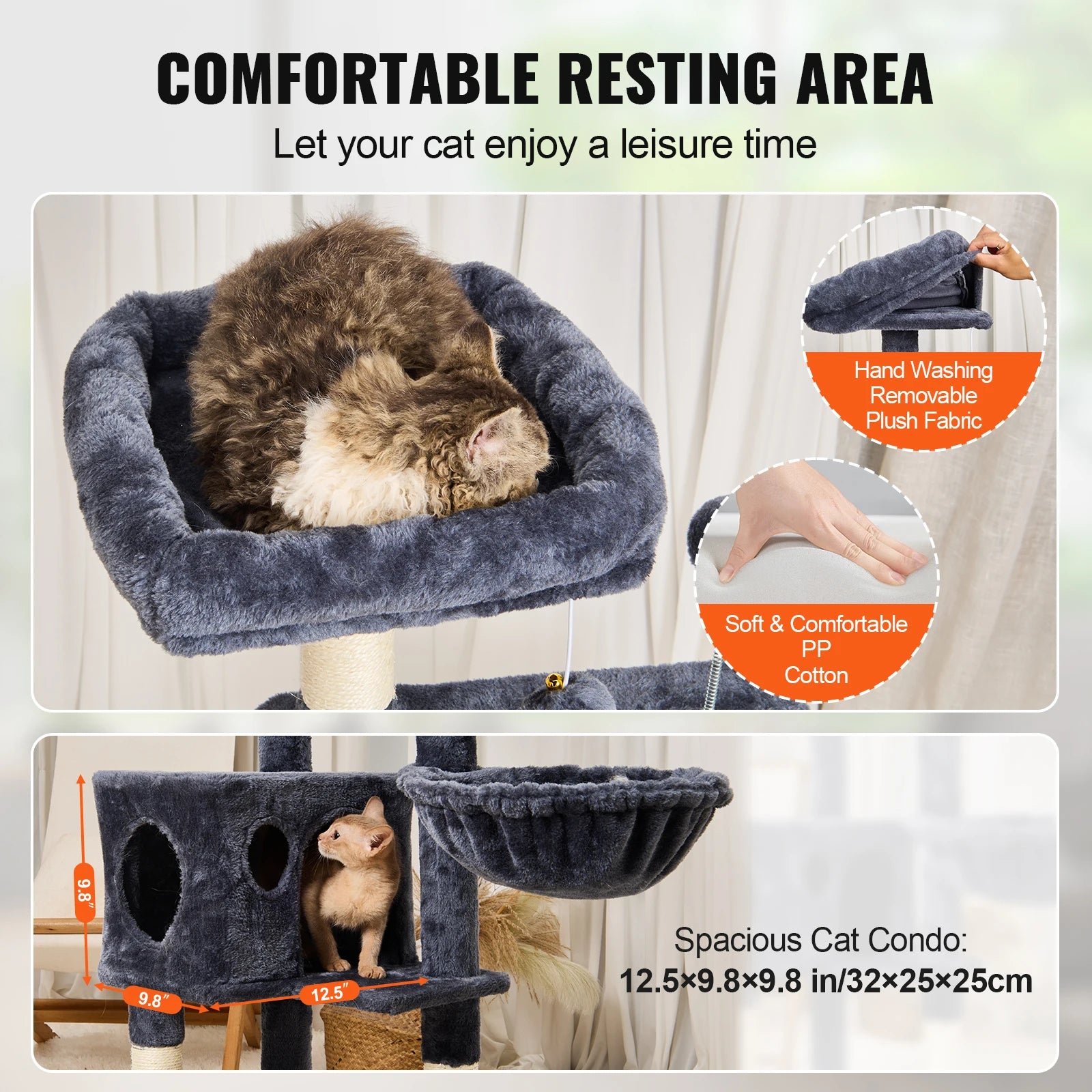 VEVOR 45.2" Cat Tree Tower – Multi-Level Cat Condo with Hammock, Top Perch & Sisal Scratching Posts (Dark Grey)