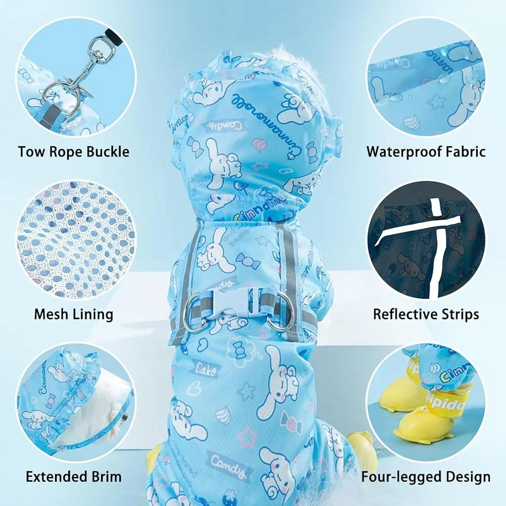 Waterproof Dog Raincoat – Adjustable 4-Legged Rain Jacket with Hood, Leash Hole, and Reflective Trim for Outdoor Use