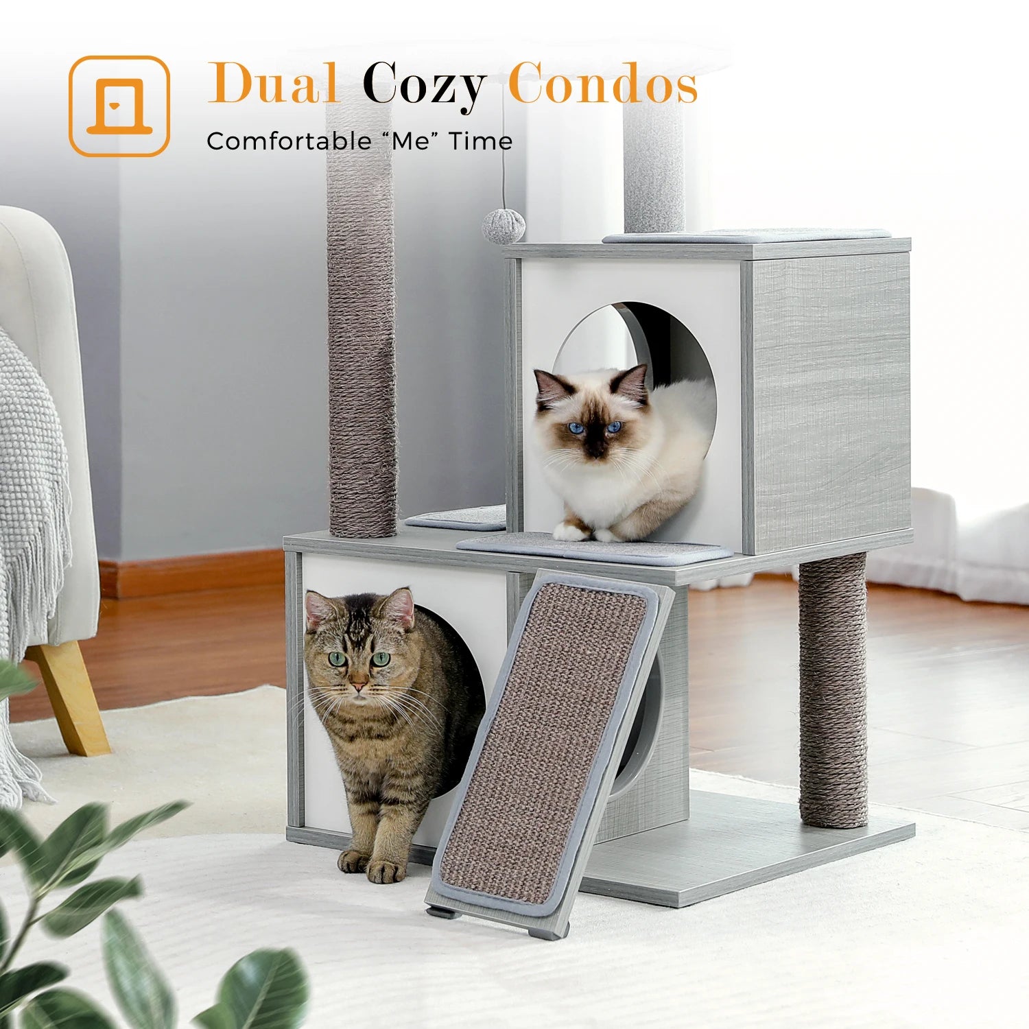 Wooden Cat Tower – Double Condos with Scratching Posts & Perches