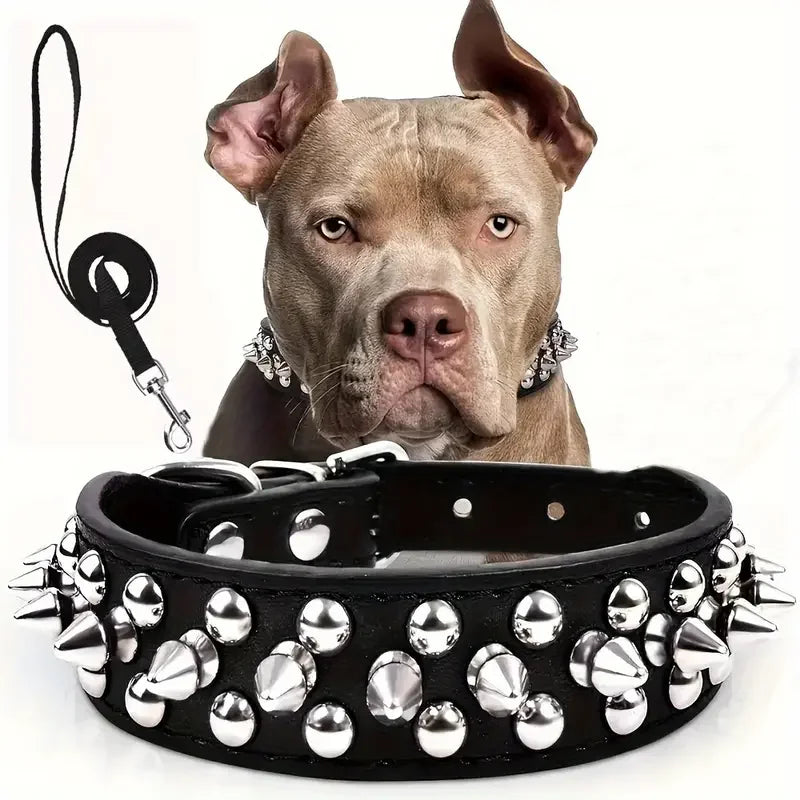 Spiked Dog Collar & Leash Set – Adjustable PU Leather Rivet Collar with Matching Leash for Outdoor Walking