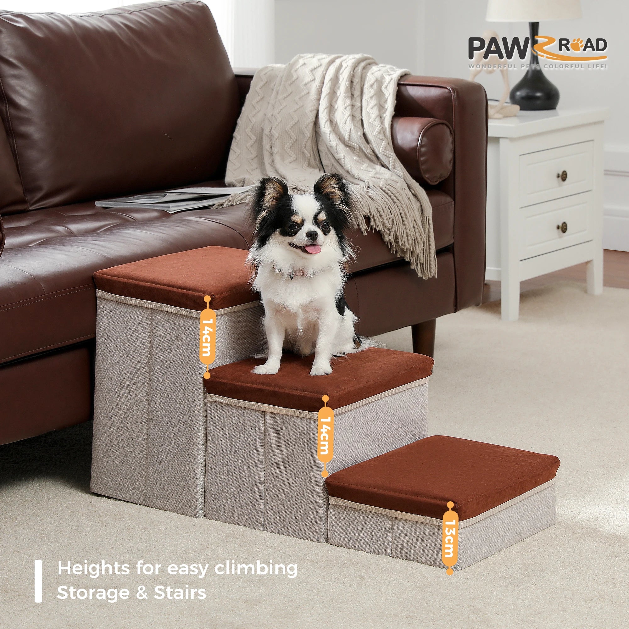 3-Tier Foldable Dog Stairs with Storage – Adjustable Height Pet Steps with Non-Slip Surface for Small & Senior Dogs and Cats (Indoor Use)