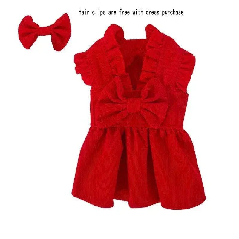 Winter Puppy Princess Dress – Warm Bow Knot Dog Dress Set with Hair Clip