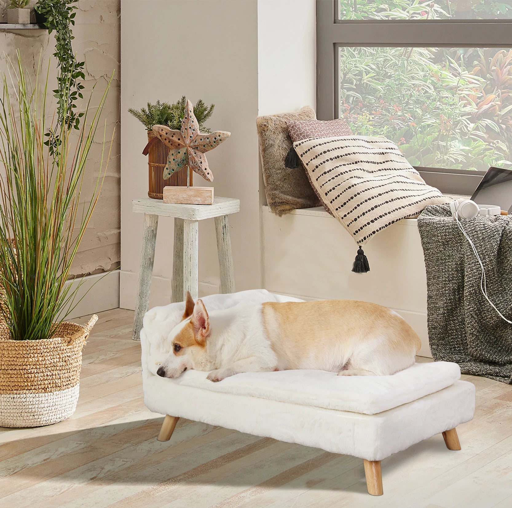 Nordic Elevated Pet Bed – Wooden Leg Pet Sofa with Waterproof Cozy Pad