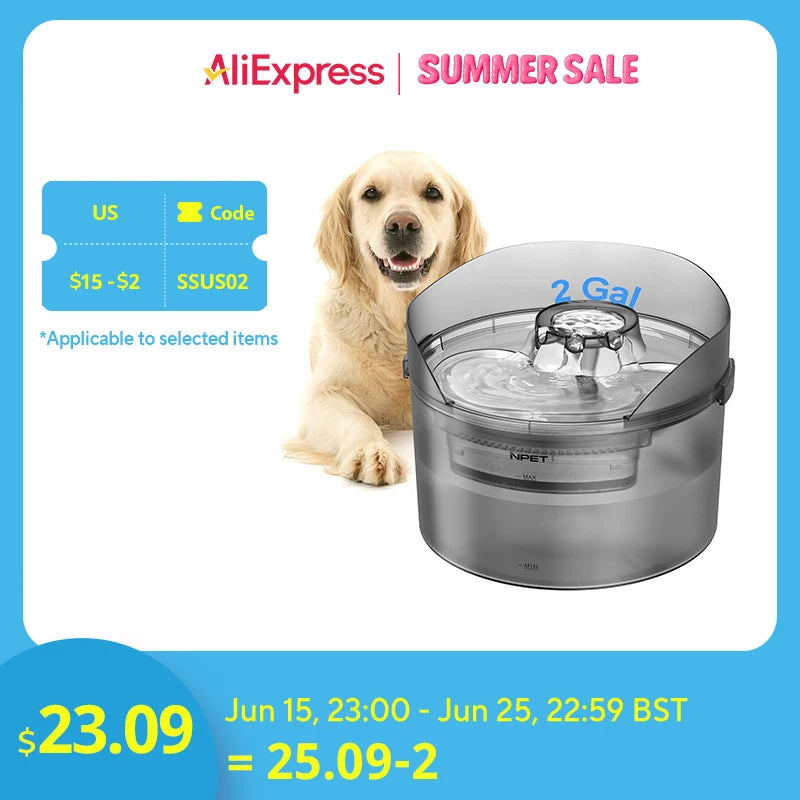 NPET 8L Large Dog Water Fountain – 2 Gallon Automatic Dispenser with Splatter Guard