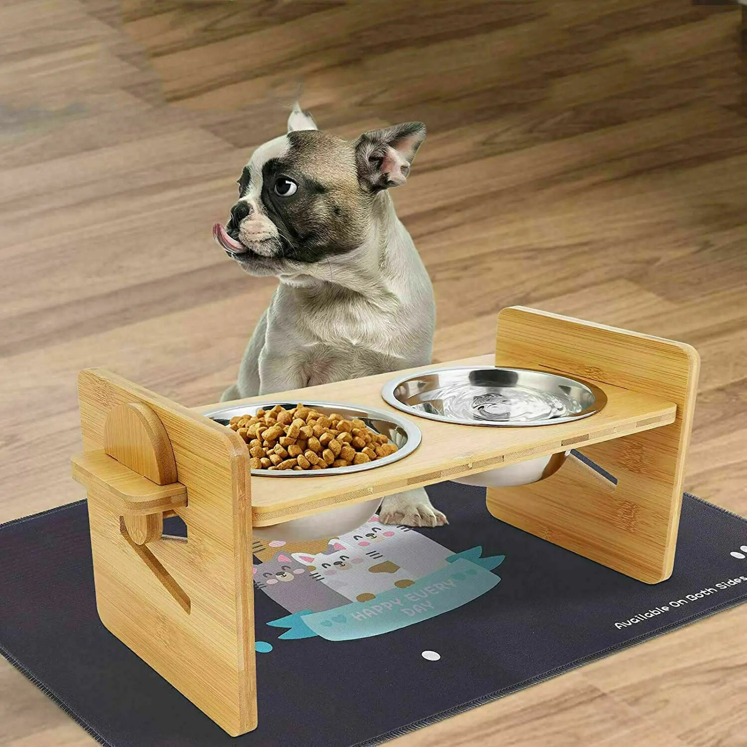 Adjustable Wooden Raised Cat Bowls – Bamboo Stand with Stainless Steel Dishes