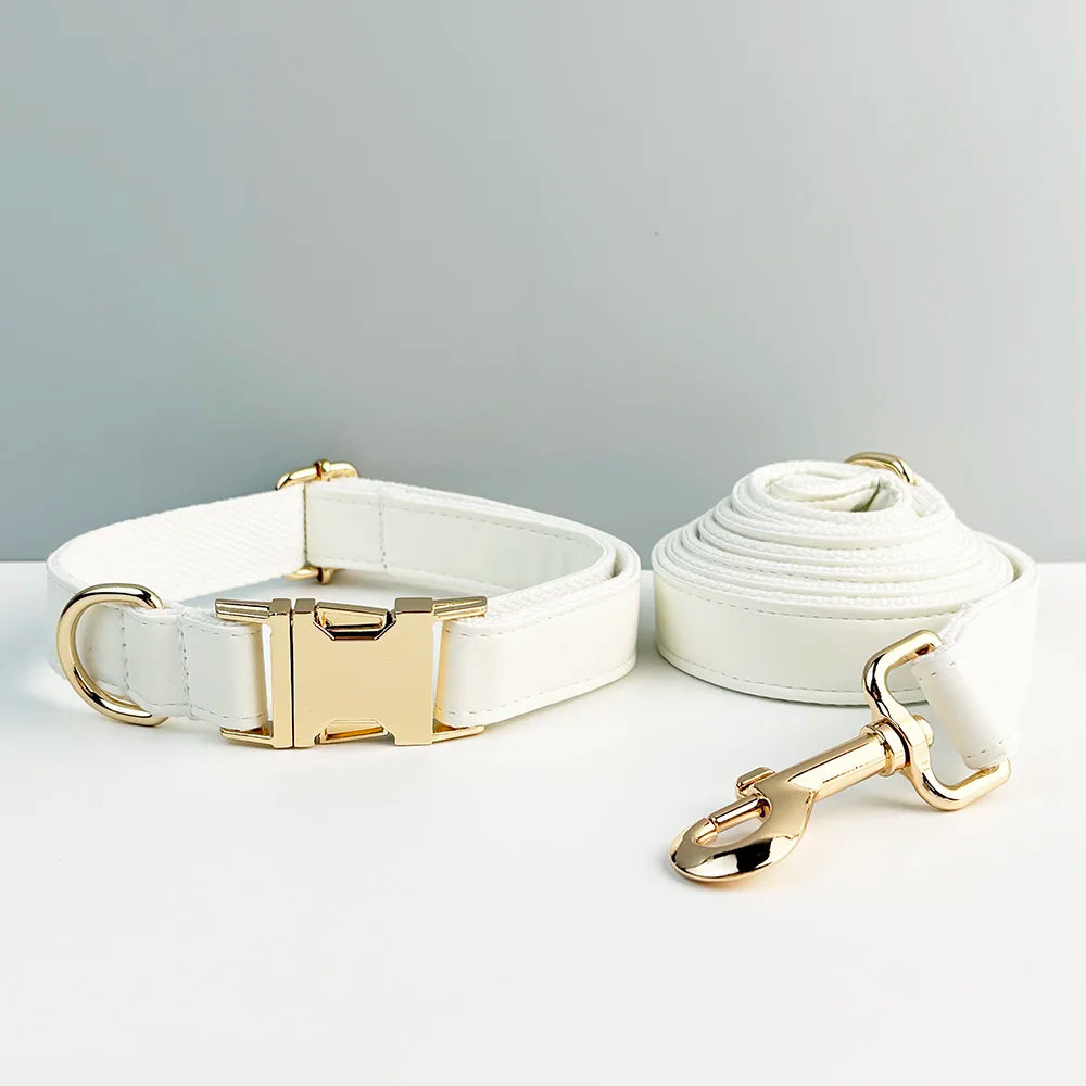 White Leather Dog Collar & Leash Set – Custom Engraved Nameplate