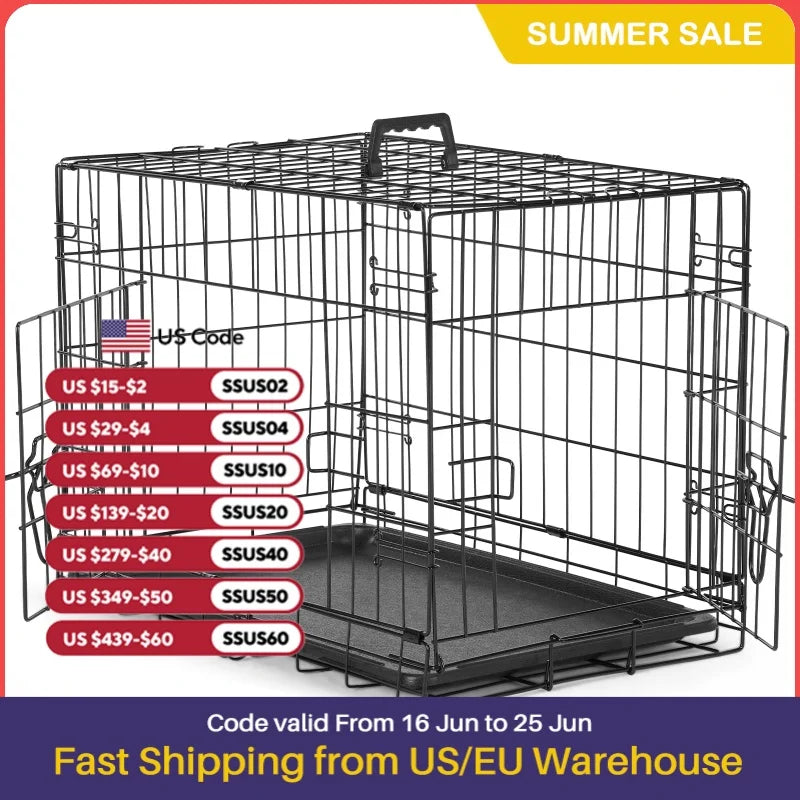JHK Folding Double Door Dog Crate – XL Metal Wire Cage with Leak-Proof Tray for Indoor & Travel Use