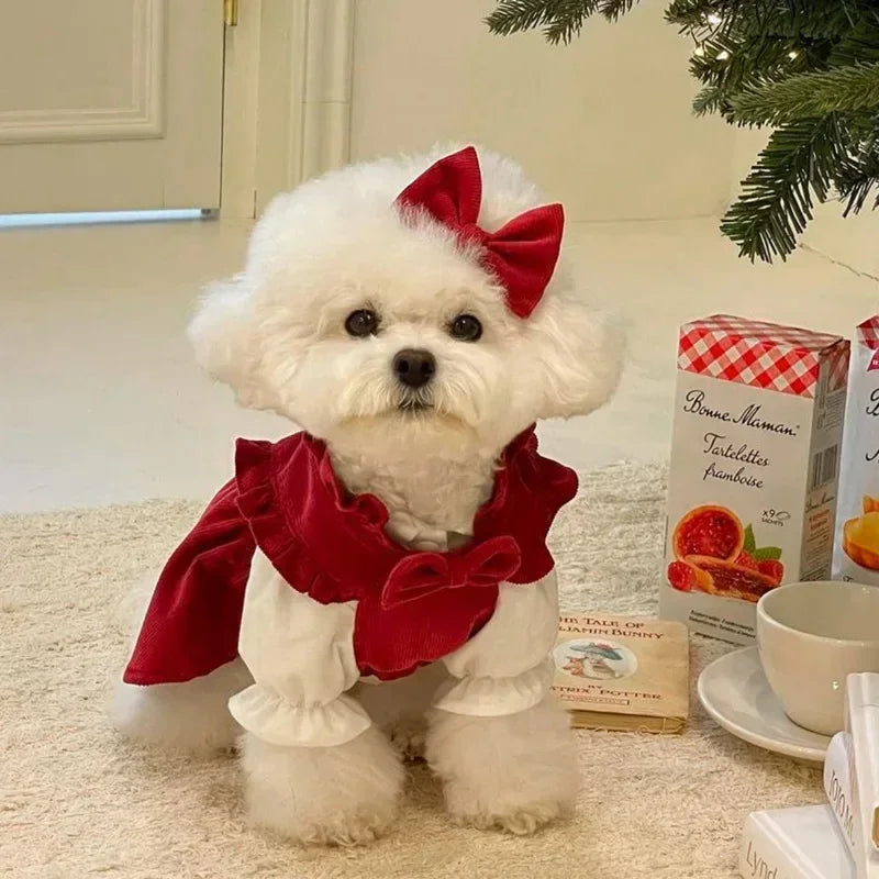 Winter Puppy Princess Dress – Warm Bow Knot Dog Dress Set with Hair Clip