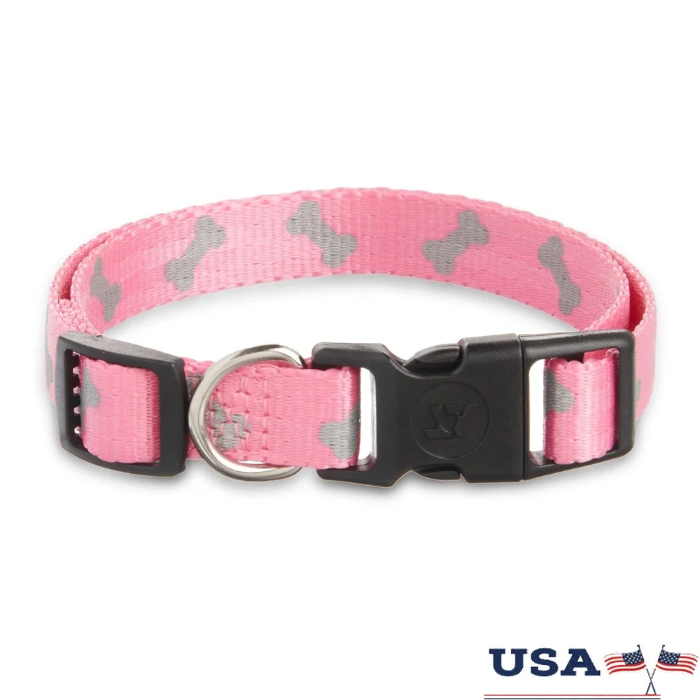 Adjustable Reflective Dog Collar – Medium Beagle & Standard Poodle Fit, Pink & Gray Bones Pattern, Durable Polyester with D-Ring