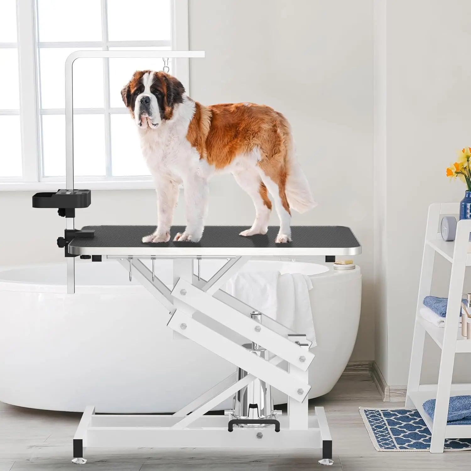Hydraulic Pet Grooming Table with Z-Lift Base – Heavy-Duty Dog Grooming Station w/ Anti-Static Tabletop, Armrest & Leash Cover (330 lbs Capacity)