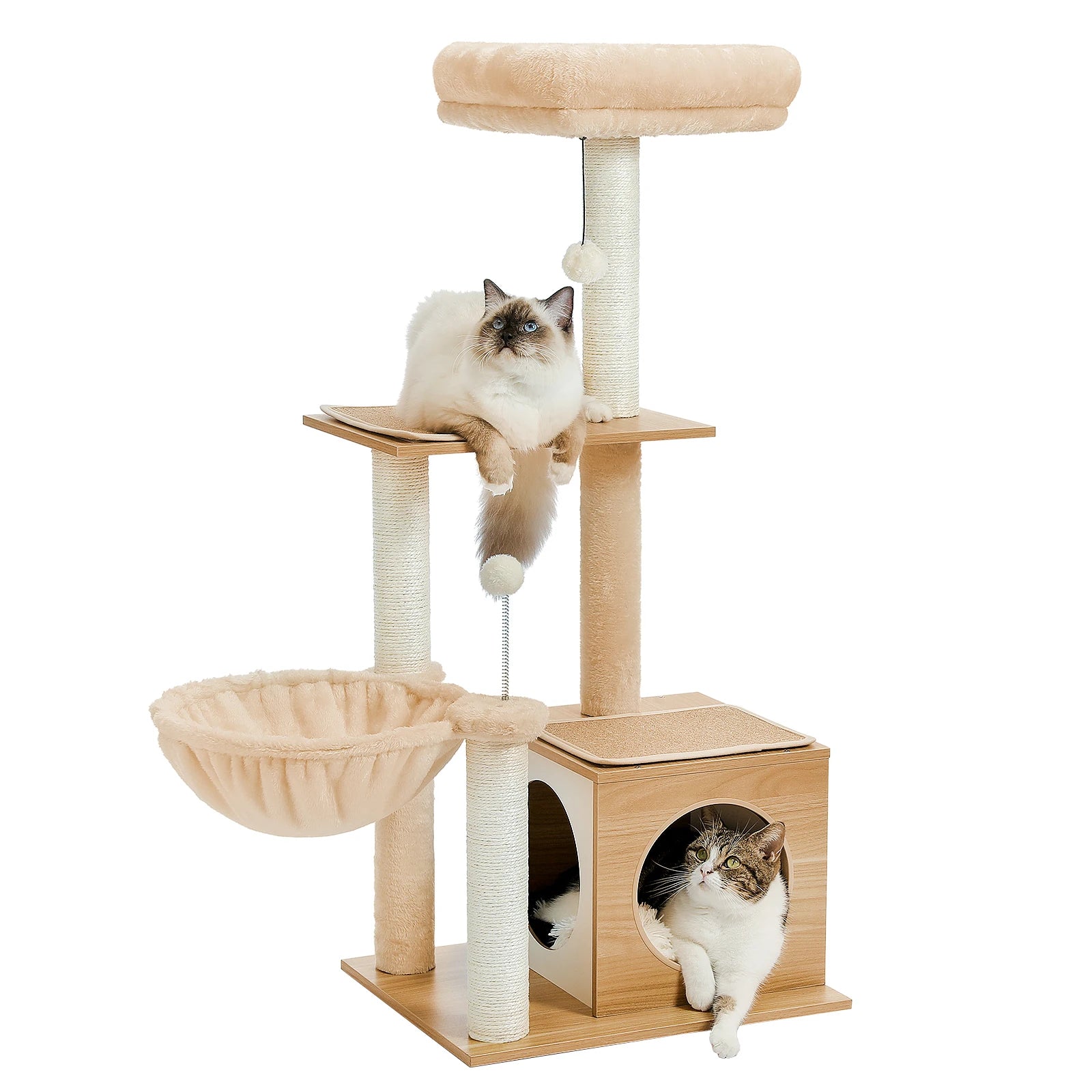 Modern Cat Tree – Multi-Level Wood Tower with Condo, Hammock & Scratching Posts
