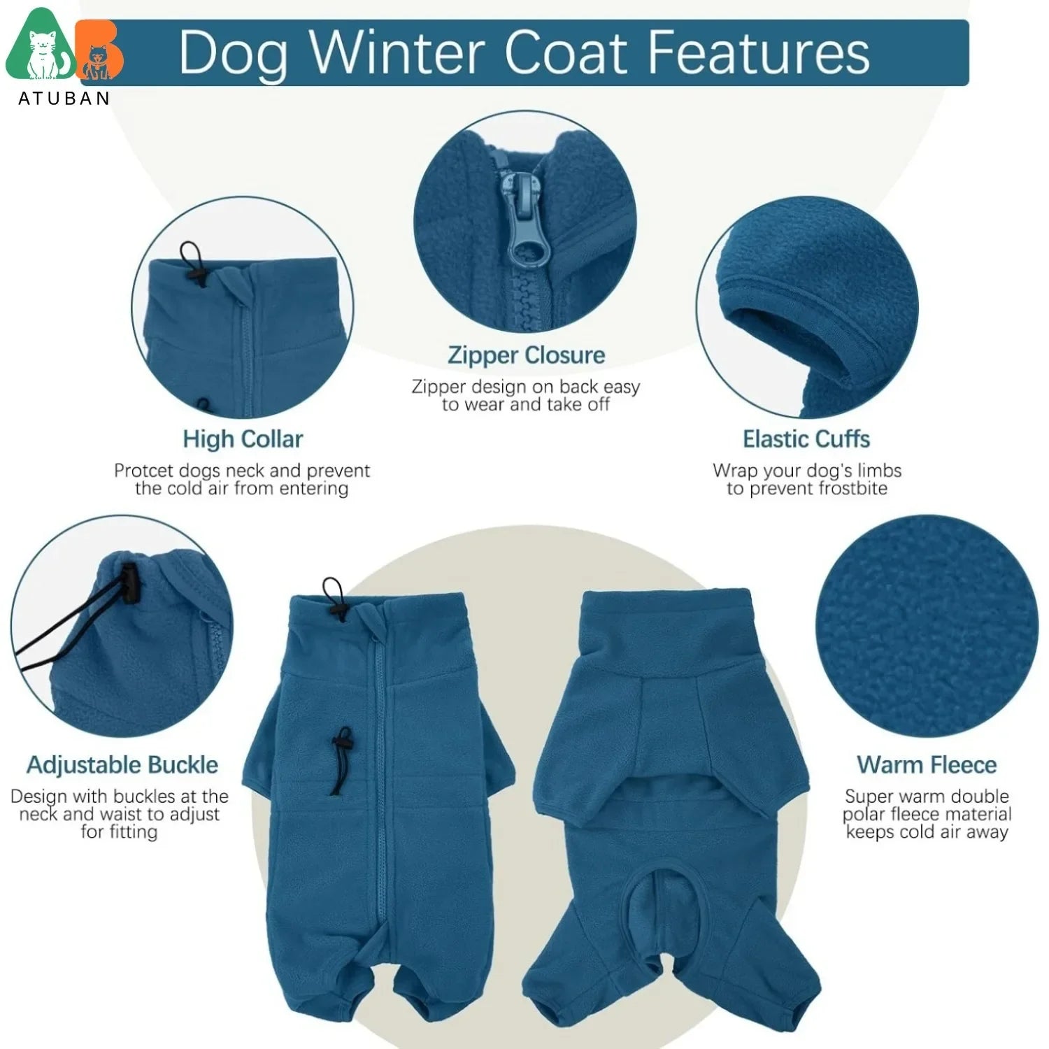 ATUBAN Dog Winter Coat – Soft Fleece Warm Pullover Jacket for Cold Weather