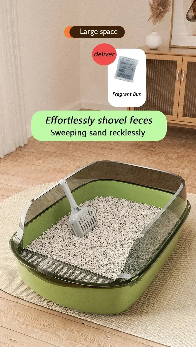 Semi-Enclosed Cat Litter Box with High Sides – Splashproof Kitty Sandbox with Litter Scoop