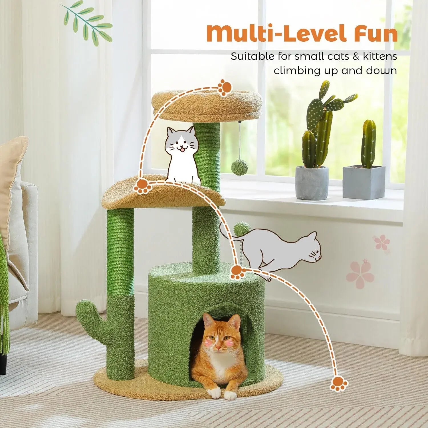 Cactus Cat Tree – 32" Small Cat Tower with Scratching Post and Curved Perch for Indoor Cats