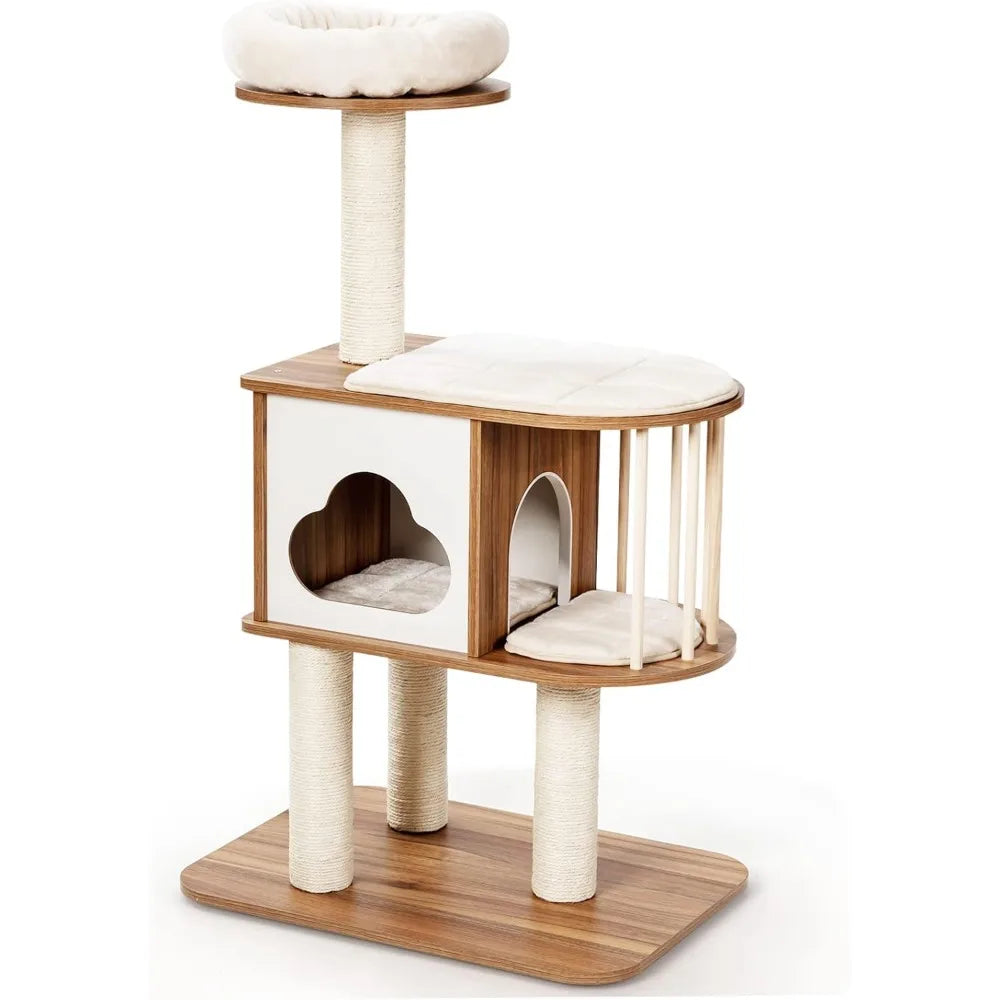 Modern Wood Cat Tree – Indoor Tower with Condo, Scratching Posts & Washable Cushions