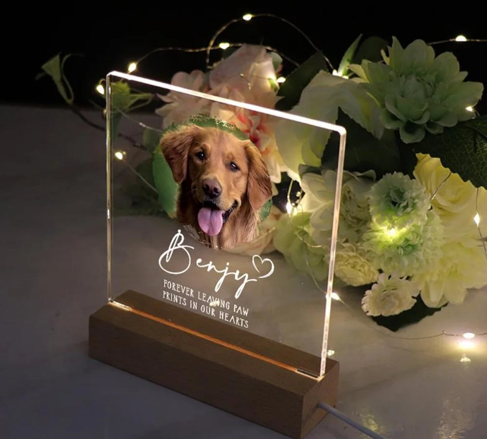 Custom Pet Memorial Photo Plaque – Acrylic Frame with Wooden Base