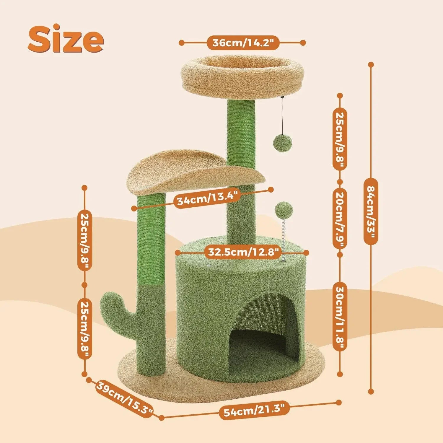 Cactus Cat Tree – 32" Small Cat Tower with Scratching Post and Curved Perch for Indoor Cats