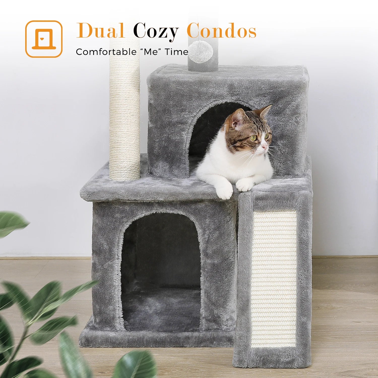 Wooden Cat Tower – Double Condos with Scratching Posts & Perches