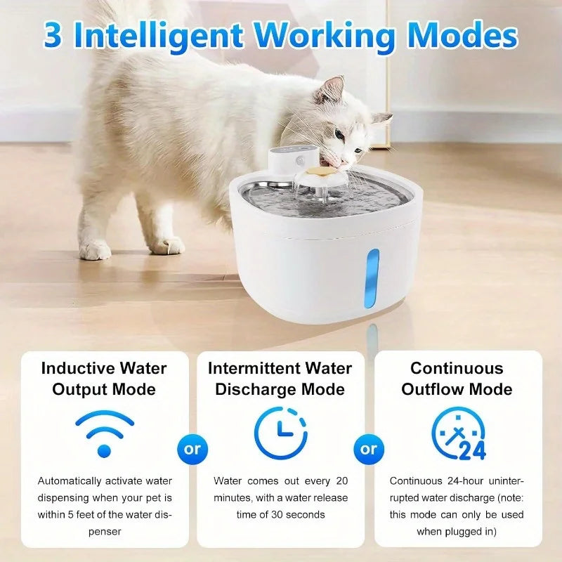 Wireless 2.6L Cat Water Fountain – Stainless Steel with LED Light & Filters