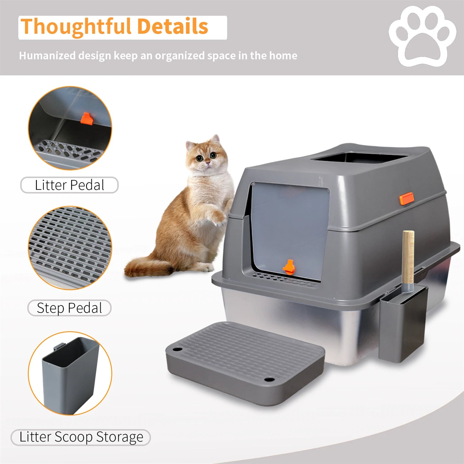 Enclosed Stainless Steel Cat Litter Box with Lid – Extra Large Metal Litter Pan Tray with High Walls for Big Cats