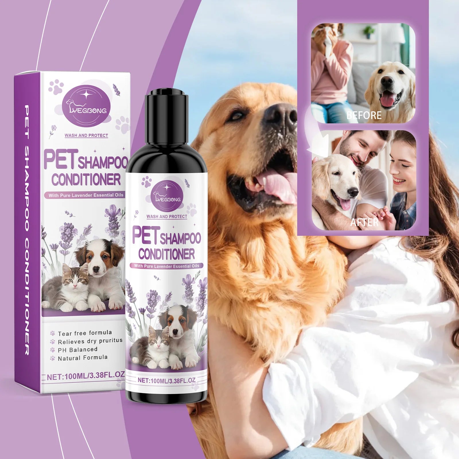 Yegbong Pet Lavender Shampoo – Gentle Cleansing Dog & Cat Shampoo for Soft, Smooth, Fluffy Fur
