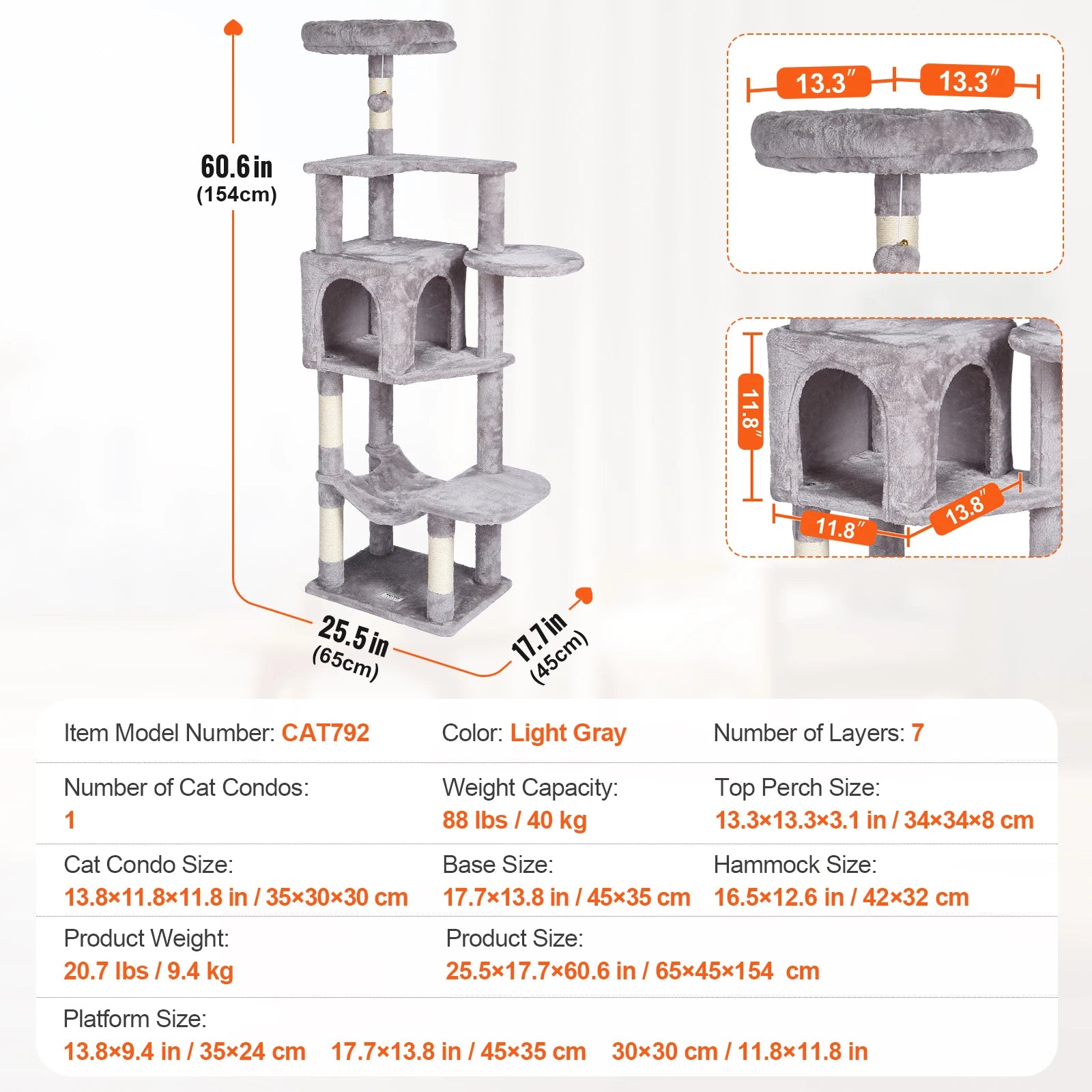 VEVOR 45.2" Cat Tree Tower – Multi-Level Cat Condo with Hammock, Top Perch & Sisal Scratching Posts (Dark Grey)