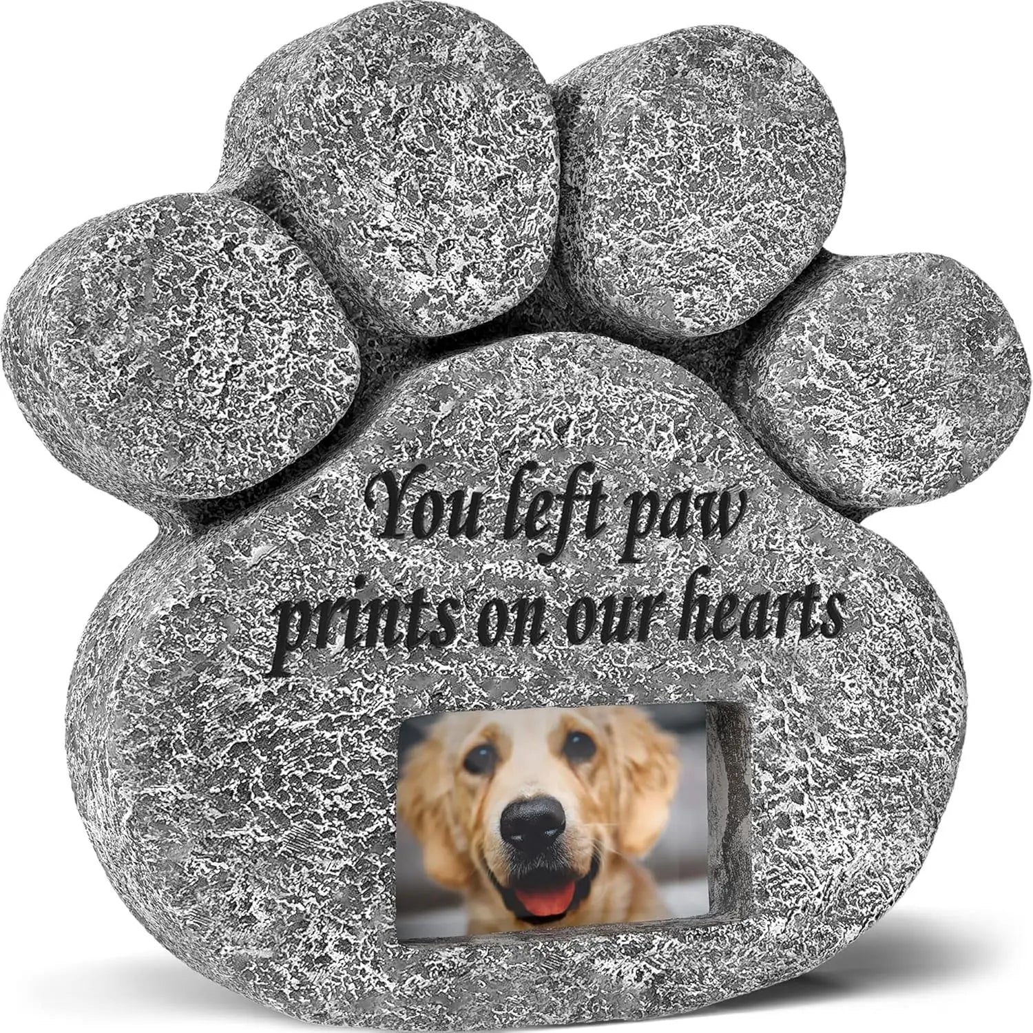 "You Left Paw Prints On Our Hearts" Pet Memorial Stone – Dog & Cat Grave Marker with Photo Frame Slot