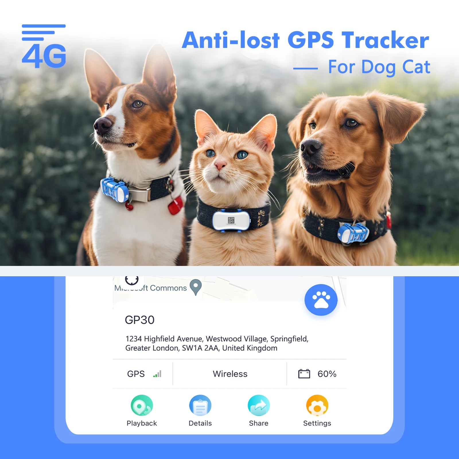 ‌4G GPS Tracker for Dogs & Cats – Waterproof Smart Pet Locator with App, Live Tracking, Light & Sound Alerts (Subscription Required)